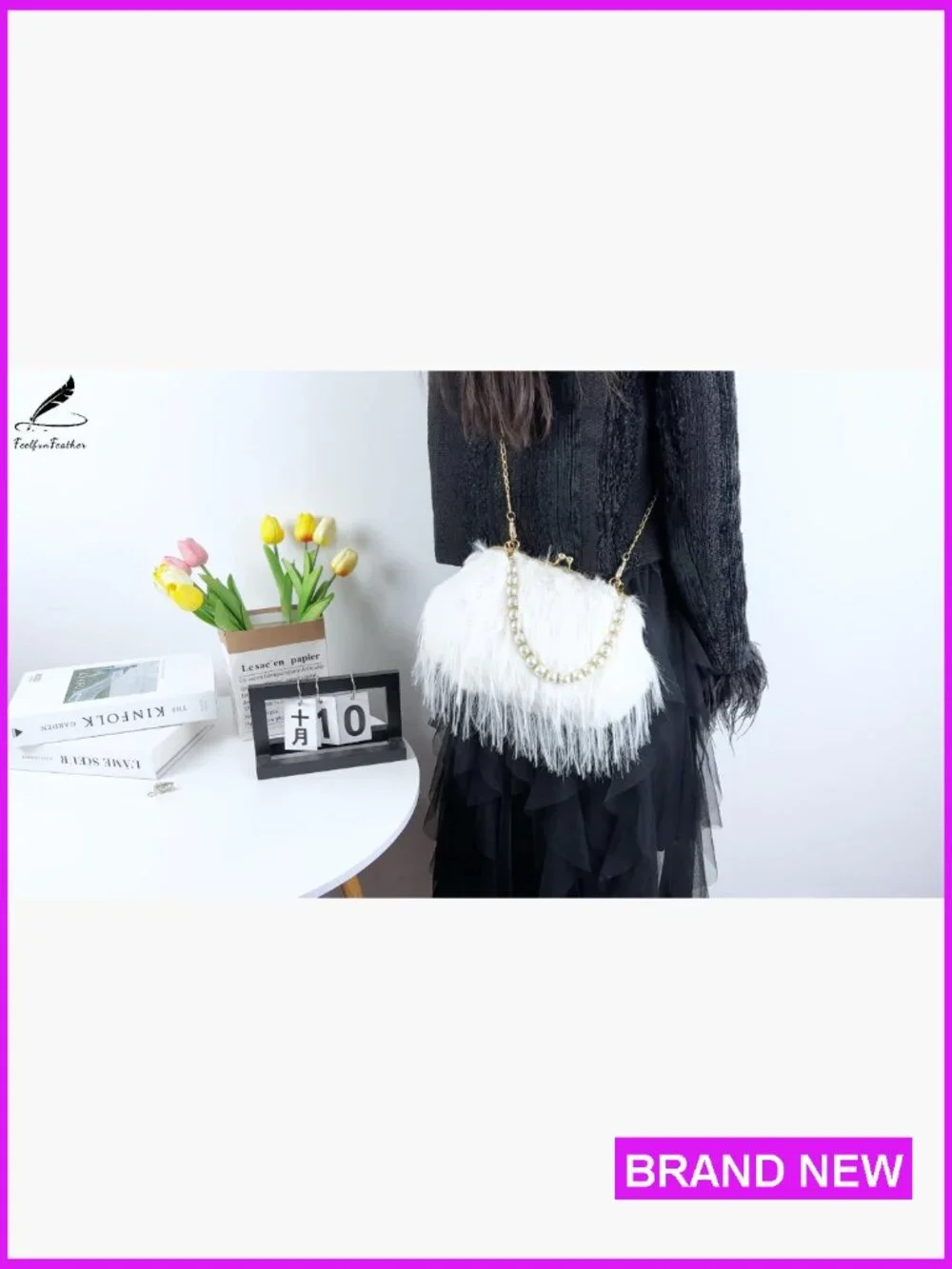 Feather Evening Clutch with Pearl Strap Crossbody Fluffy Bag Wedding Party Prom